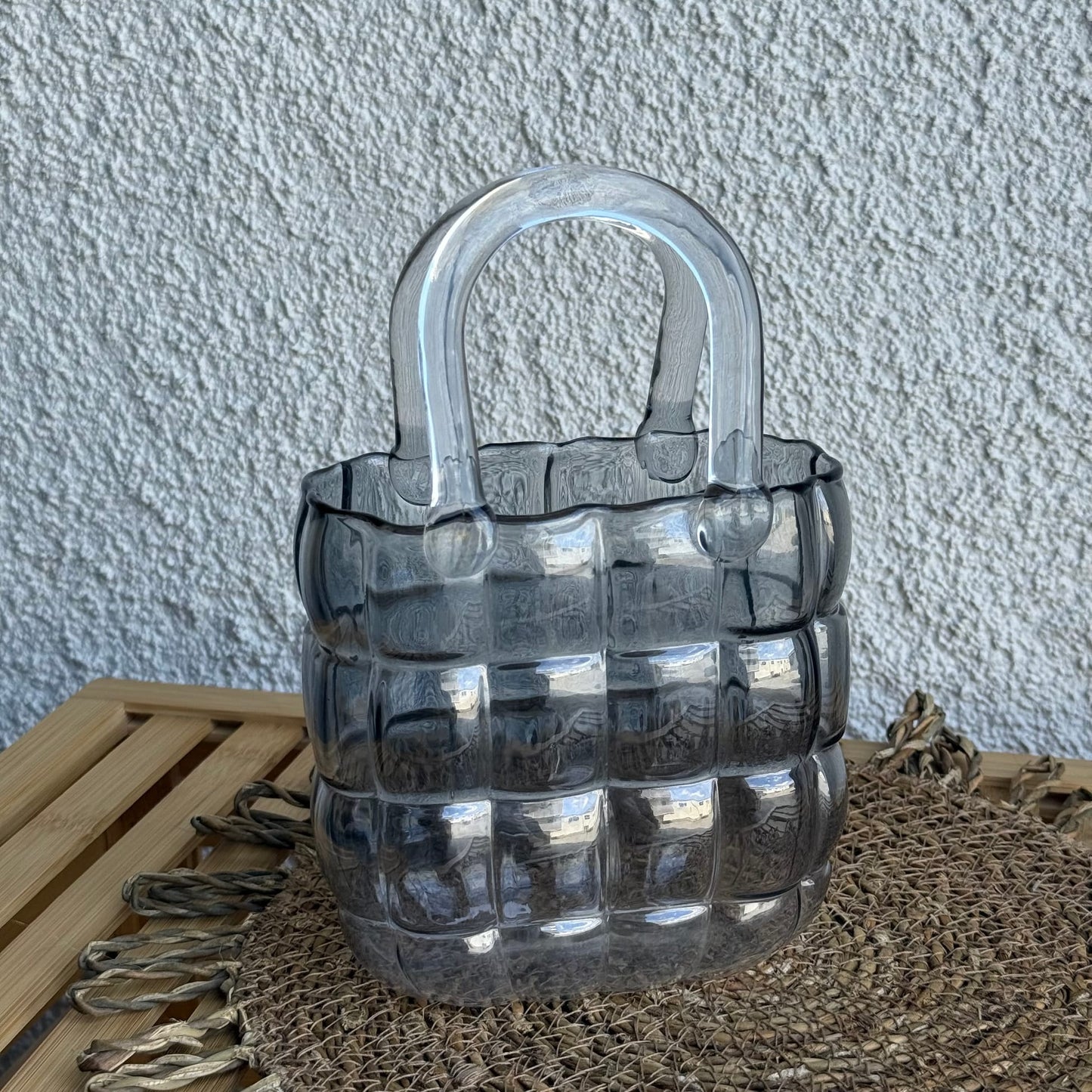 Glass Vase Çanta Model Vazo Füme 22x14x8 cm