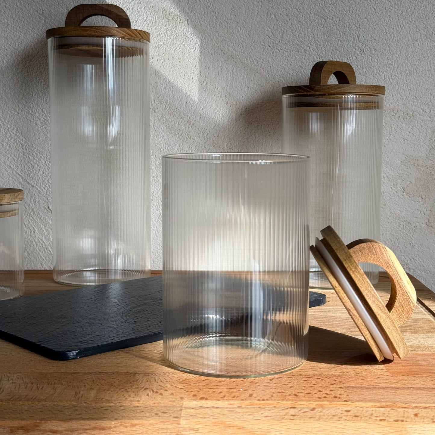 Regina 4 Lü Çizgili Silidir Kavanoz Model 2 Seti Akasya Ağacı Kapaklı