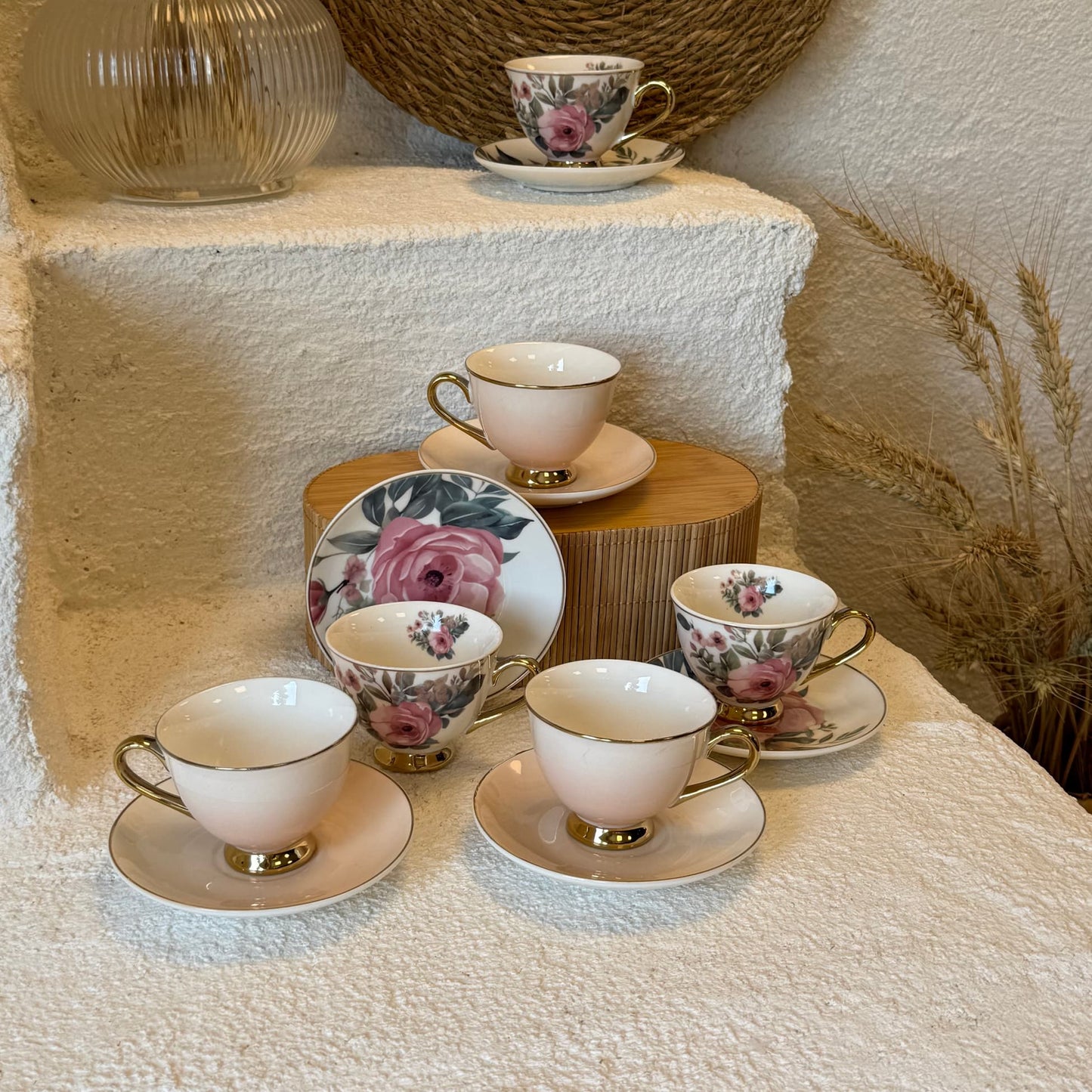 Birdy Çiçekli Porselen Kahve Fincan Takımı 6 Kişilik Pembe