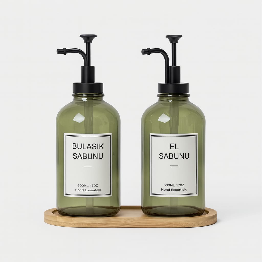 Selena Bambu Standlı İkili Cam Yuvarlak Sıvı Sabunluk Seti Yeşil 500 ml