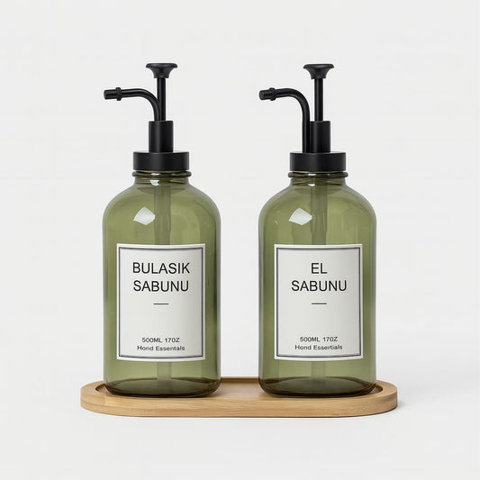 Selena Bambu Standlı İkili Cam Yuvarlak Sıvı Sabunluk Seti Yeşil 500 ml