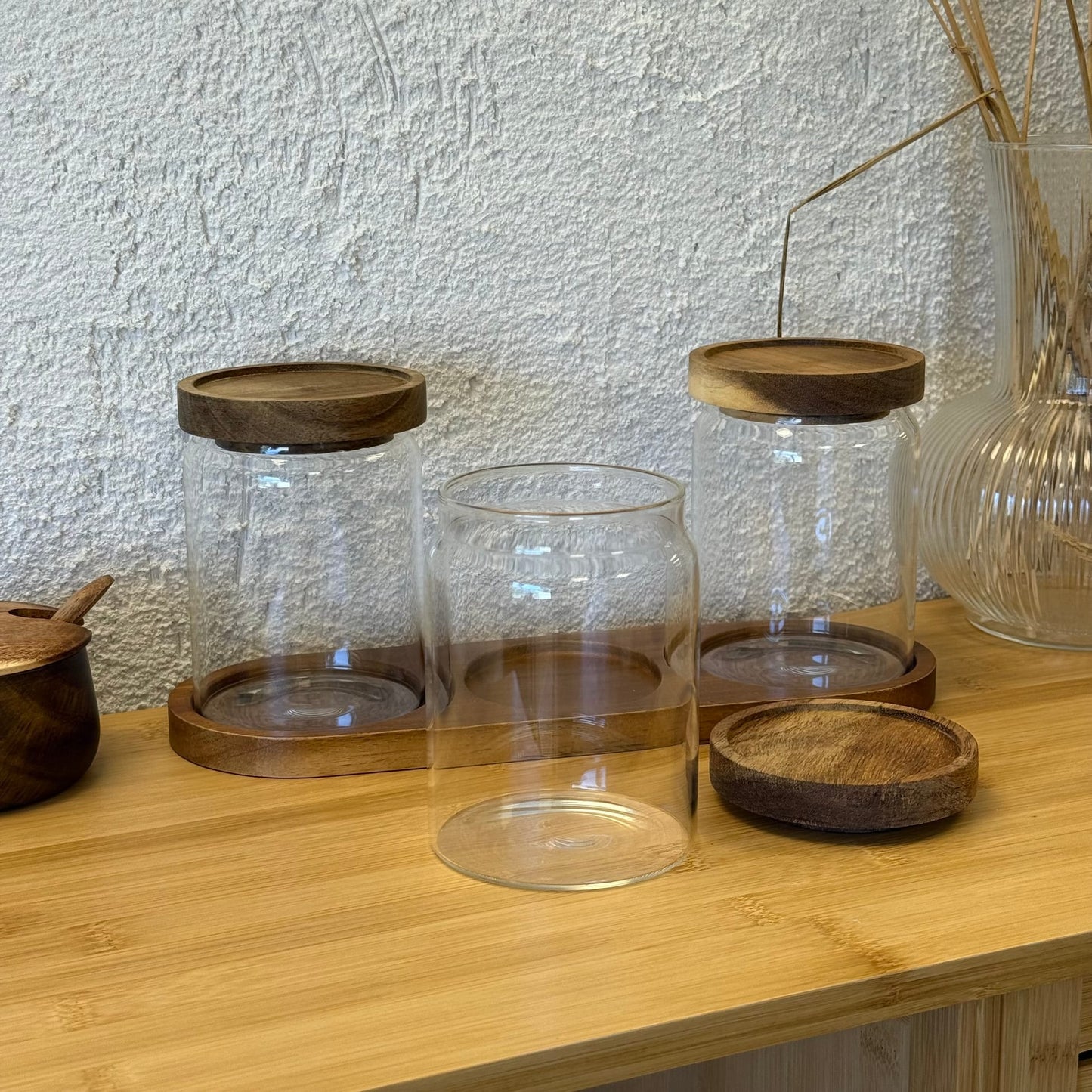 İzy Akasya Ağcı Kapaklı Standlı Kavanoz Seti 600 ml