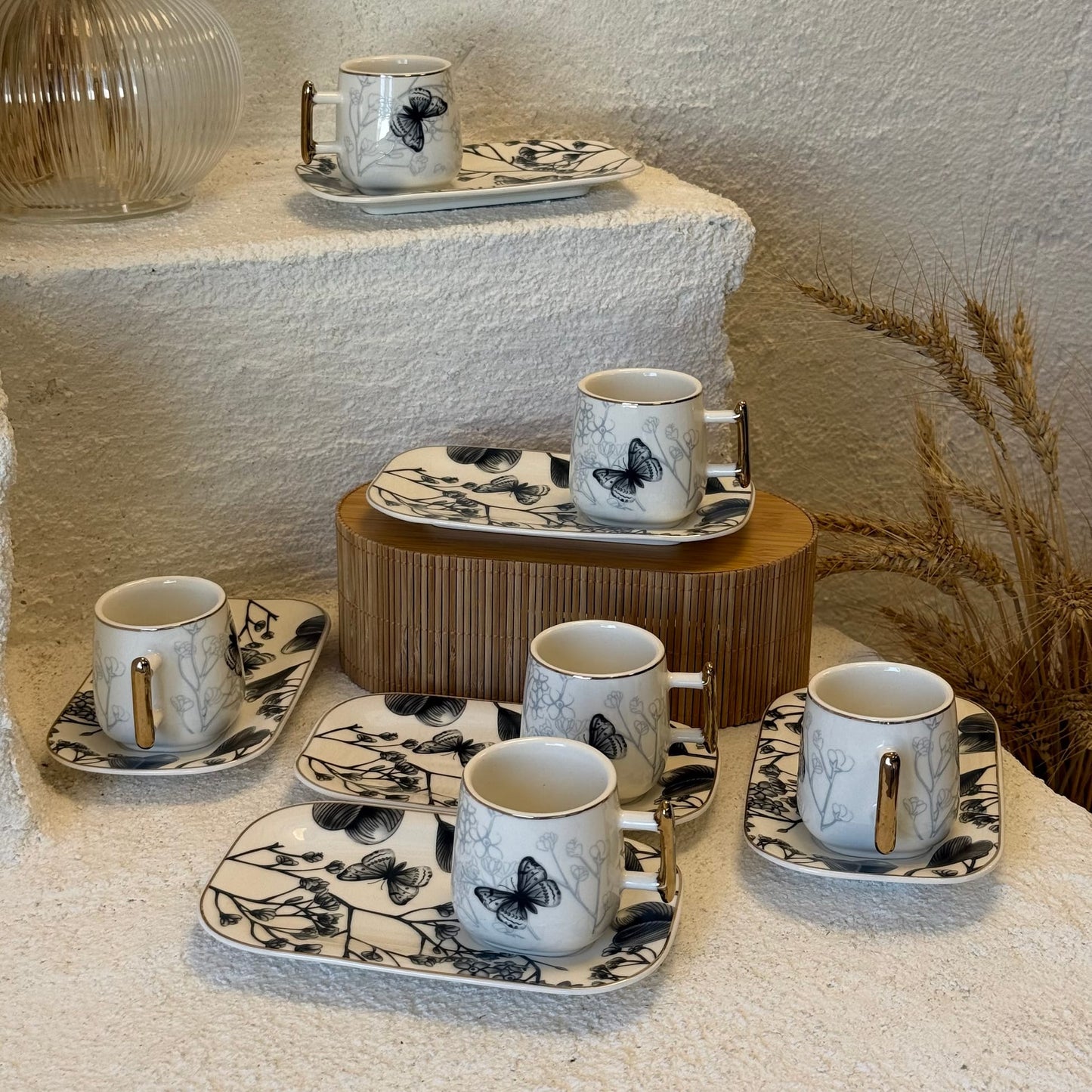 Marvin 12 Parça Porselen Kahve Fincan Takımı 6 Kişilik Siyah Desenli