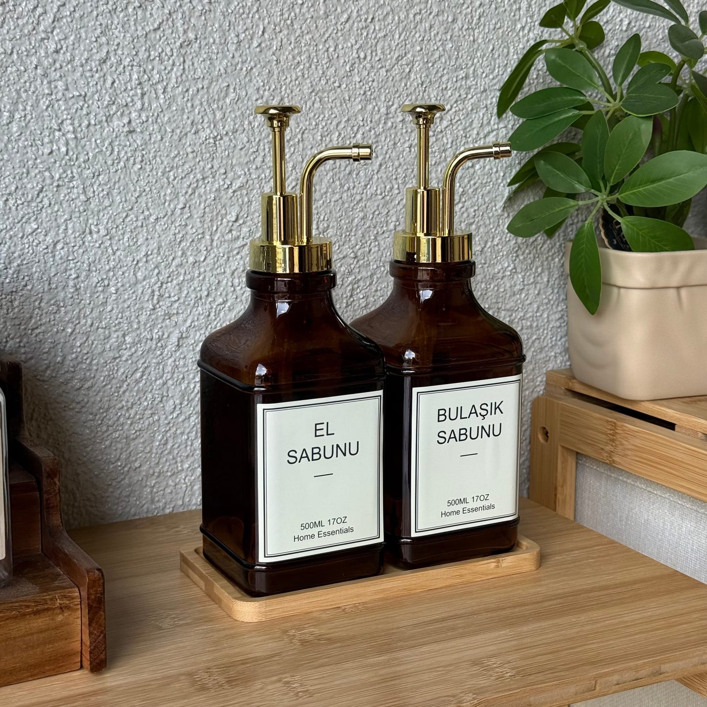 Lucia Bambu Standlı İkili Cam Kare Sıvı Sabunluk Seti Amber 500 ml