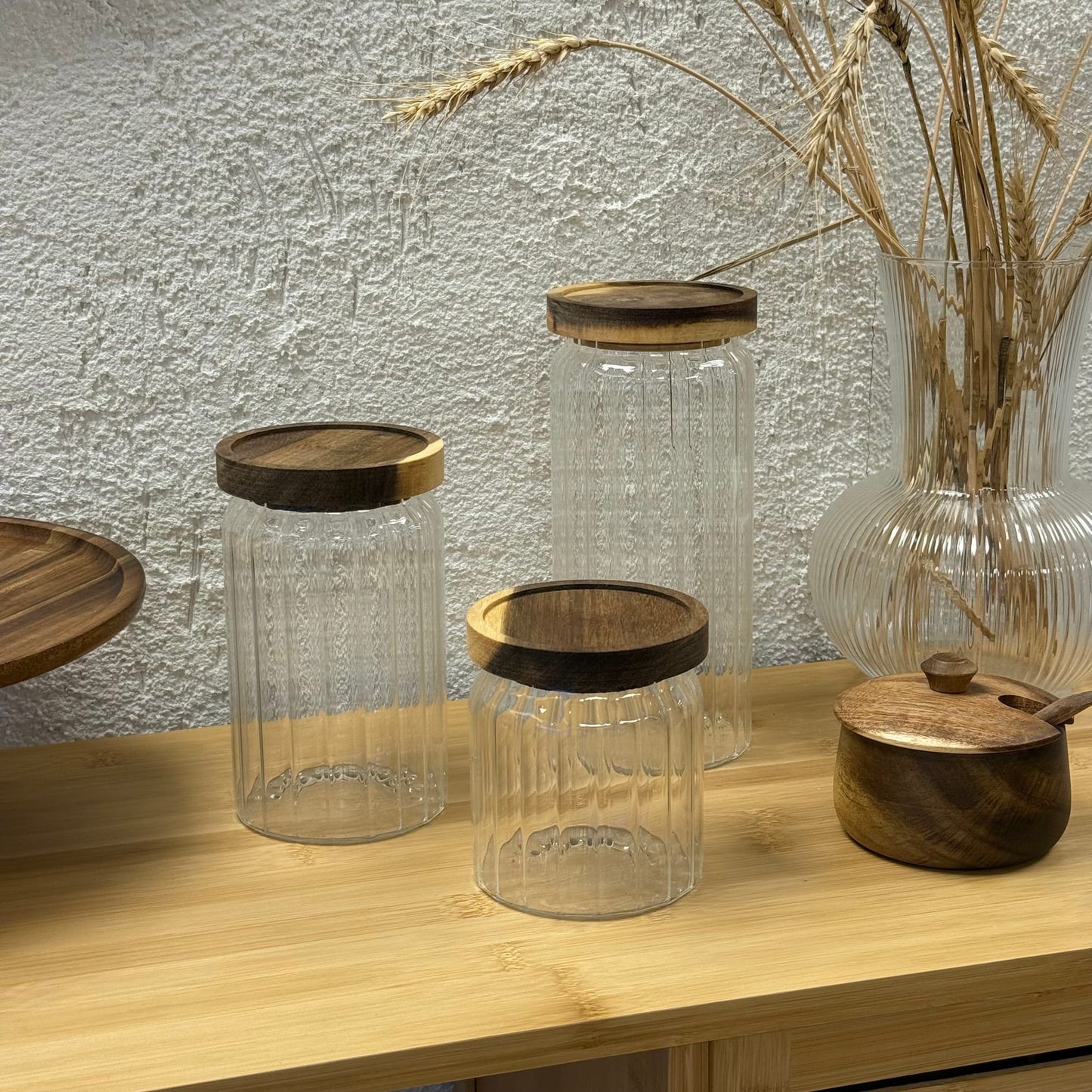 Menny Çizgili Silindir Kavanoz Seti Akasya Ağacı Kapaklı 500 ml, 700 ml, 1000 ml