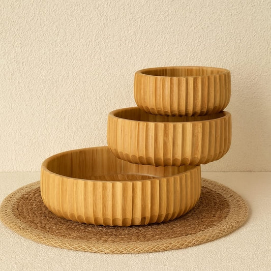 Barotti Bambu 3 Boy Çizgili Yuvarlak Kase 22 cm, 18 cm, 14 cm