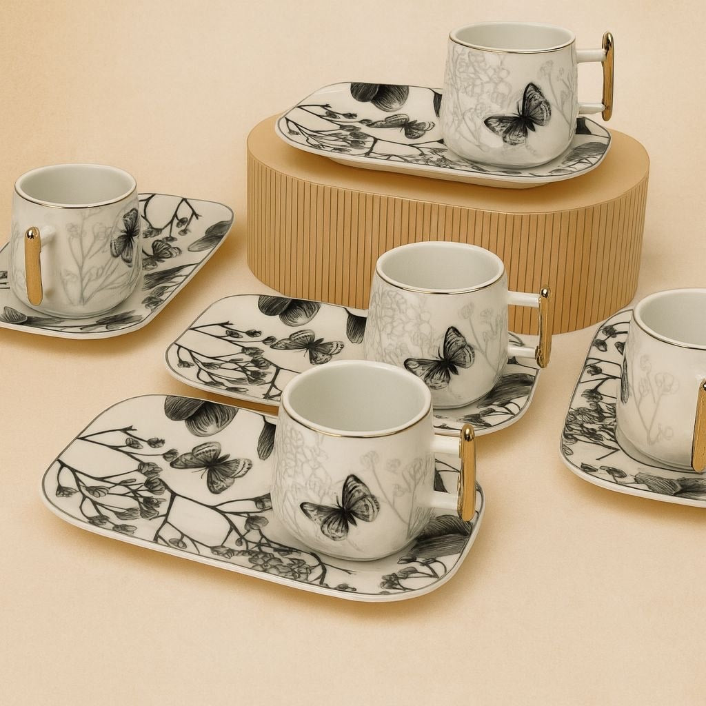 Marvin 12 Parça Porselen Kahve Fincan Takımı 6 Kişilik Siyah Desenli