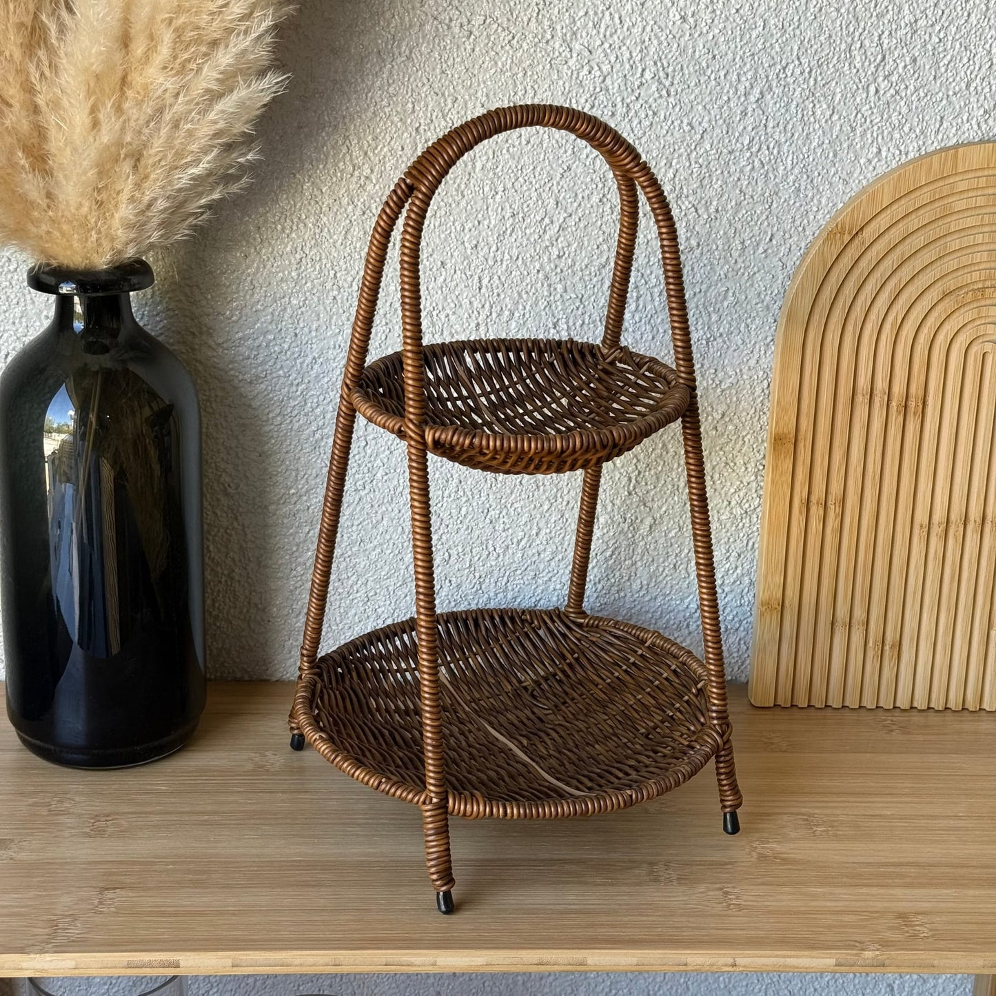 Deo Rattan İki Katlı Sunumluk Meyvelik 37 CM Kahve Rengi