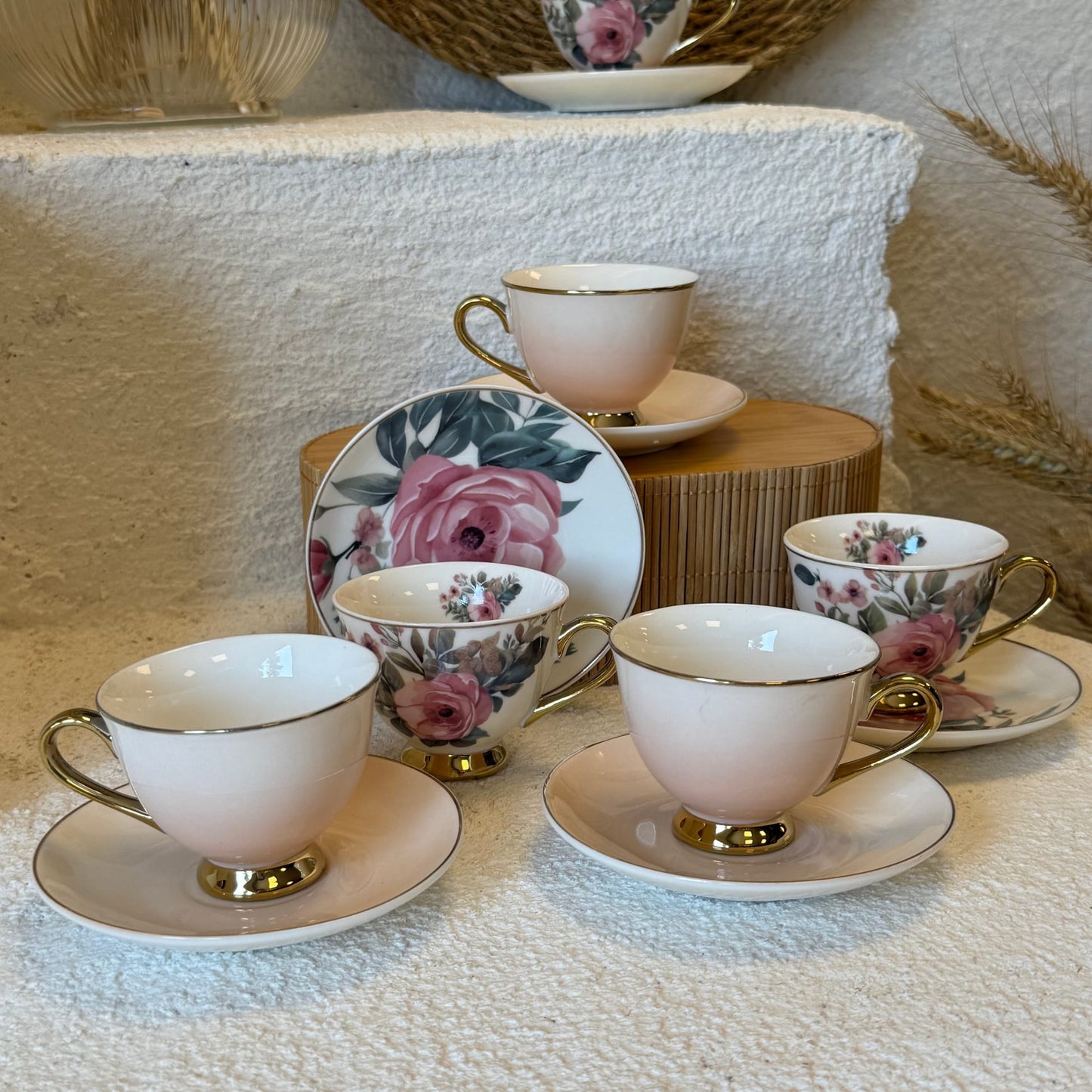 Birdy Çiçekli Porselen Kahve Fincan Takımı 6 Kişilik Pembe