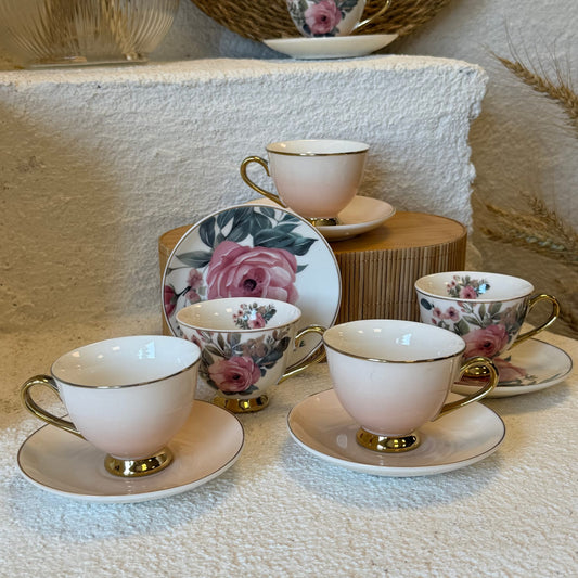 Birdy Çiçekli Porselen Kahve Fincan Takımı 6 Kişilik Pembe