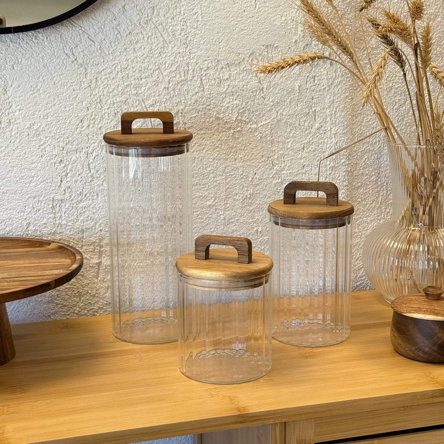 Liza 3 Boy Çizgili Silindir Akasya Ağacı Kapaklı Kavanoz Seti 650 ml, 950 ml, 1550 ml