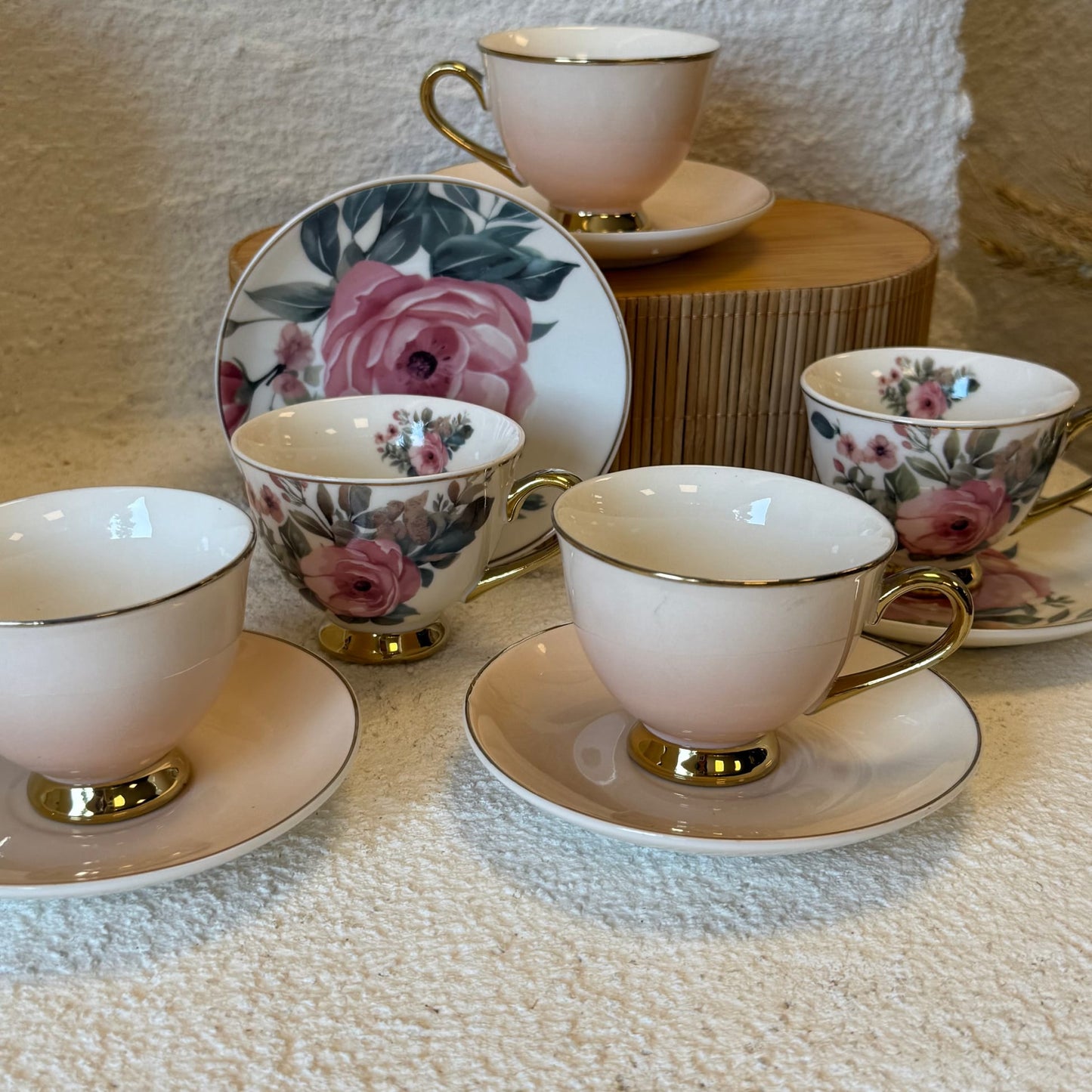 Birdy Çiçekli Porselen Kahve Fincan Takımı 6 Kişilik Pembe