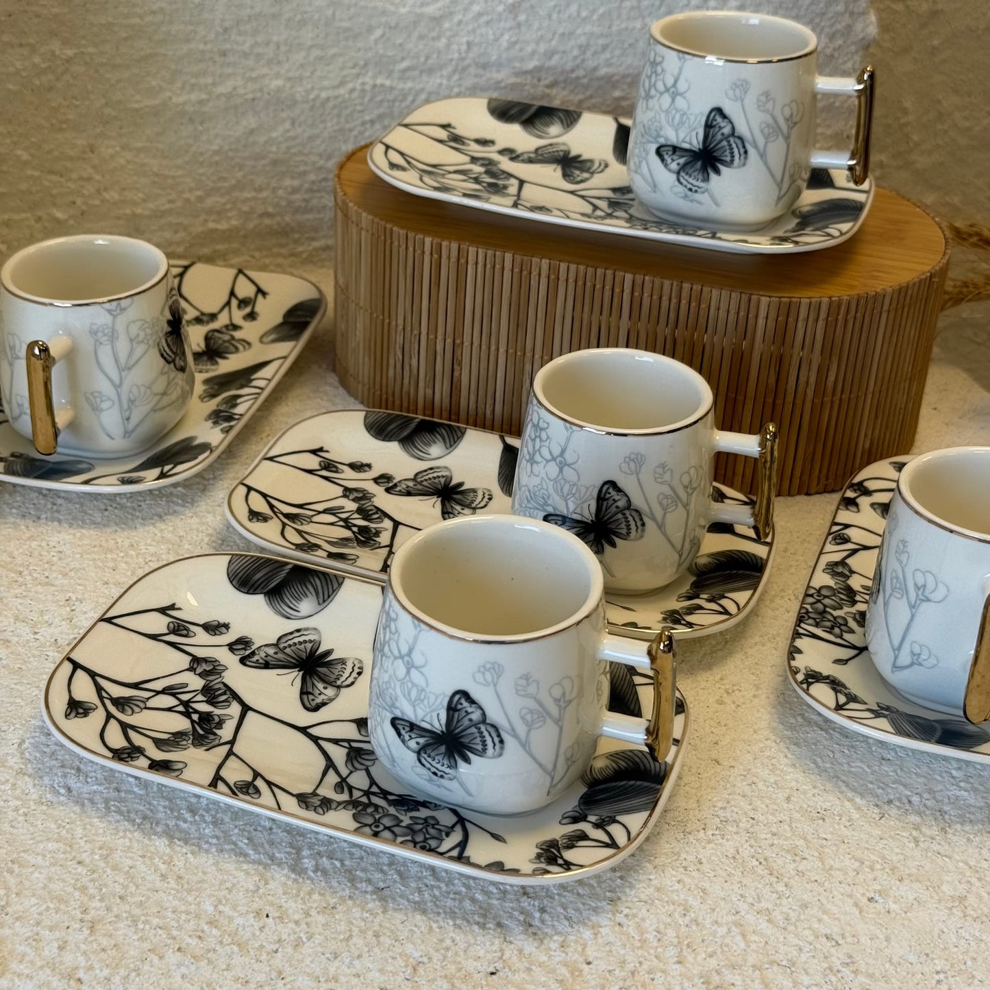 Marvin 12 Parça Porselen Kahve Fincan Takımı 6 Kişilik Siyah Desenli