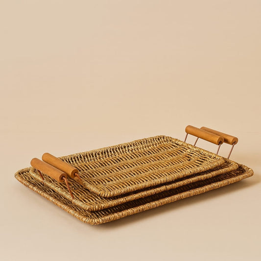 Rattan 3 Boy Ahşap Kulllu Dikdörtgen Tepsi Meyvelik Seti Naturel