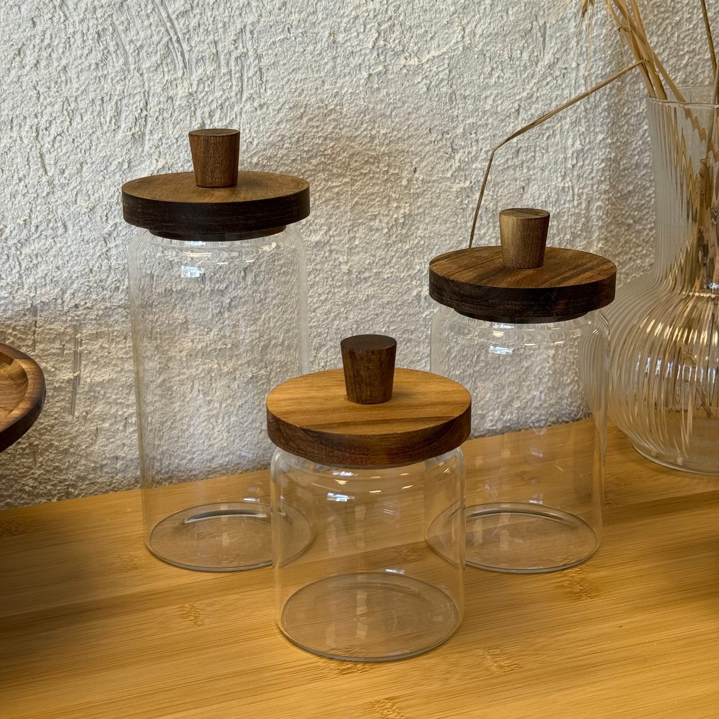 Akasya Kapaklı 3 Boy Cam kavanoz Seti 950 ml, 700 ml, 450 ml