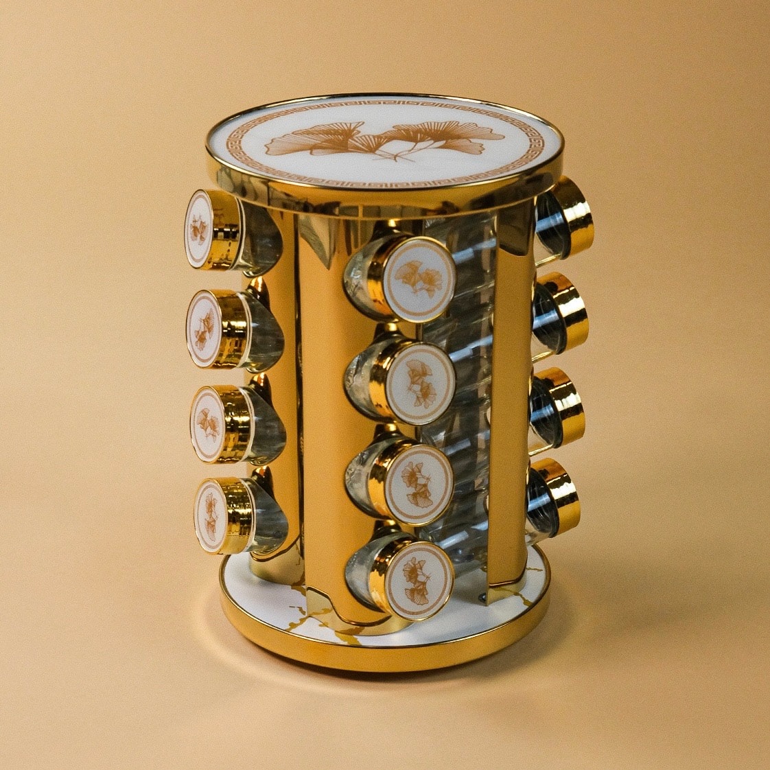 Dönen Standlı 16 Adet Cam Bahartalık Seti Beyaz-Gold Detaylı (KOD: 4792)