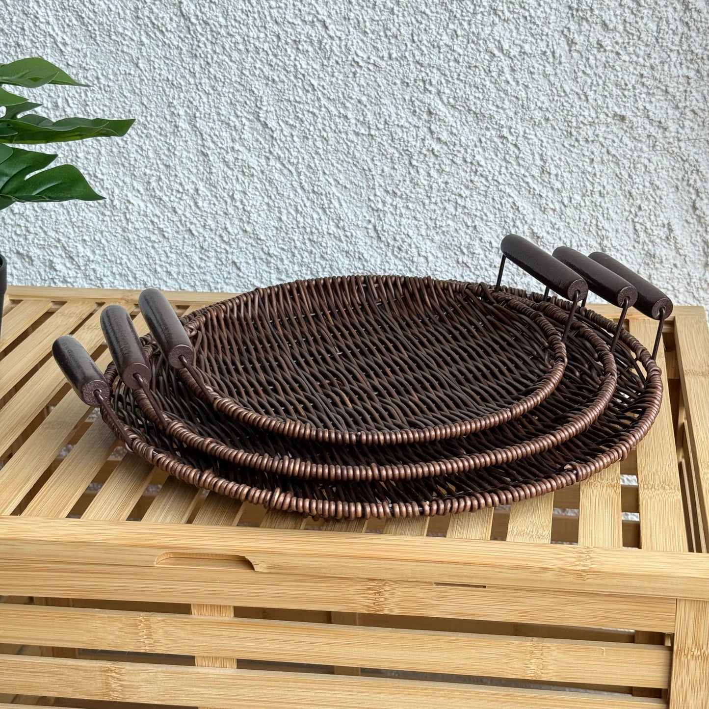 Rios Rattan Kulplu 3 Boy Yuvarlak Tepsi Seti Kahve Rengi