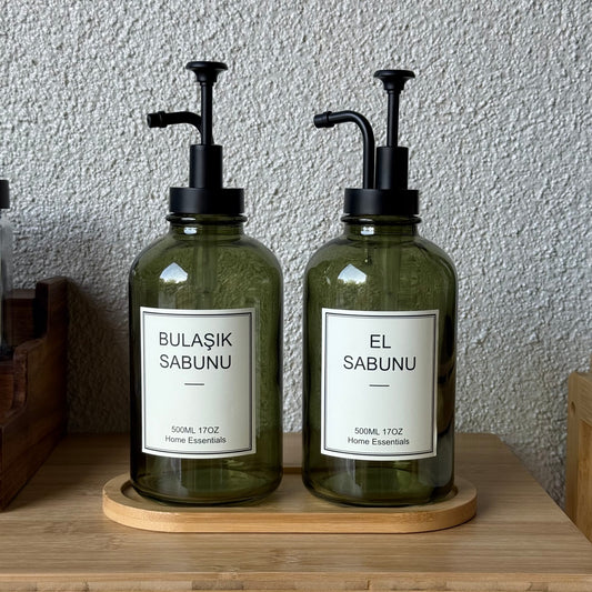 Selena Bambu Standlı İkili Cam Yuvarlak Sıvı Sabunluk Seti Yeşil 500 ml