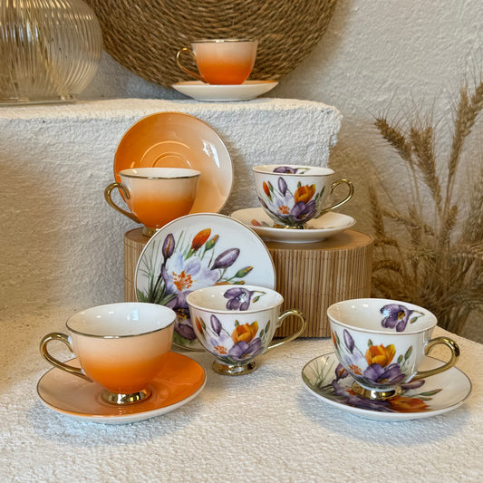 Arancia Çiçekli Porselen Kahve Fincan Takımı 6 Kişilik Turuncu