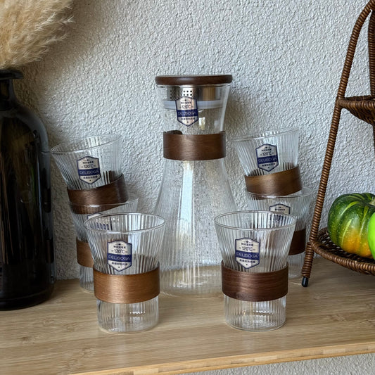 Delisoga Ahşap Detaylı Cam Sürahi Set 7 Parça (SÜPER FİYAT)