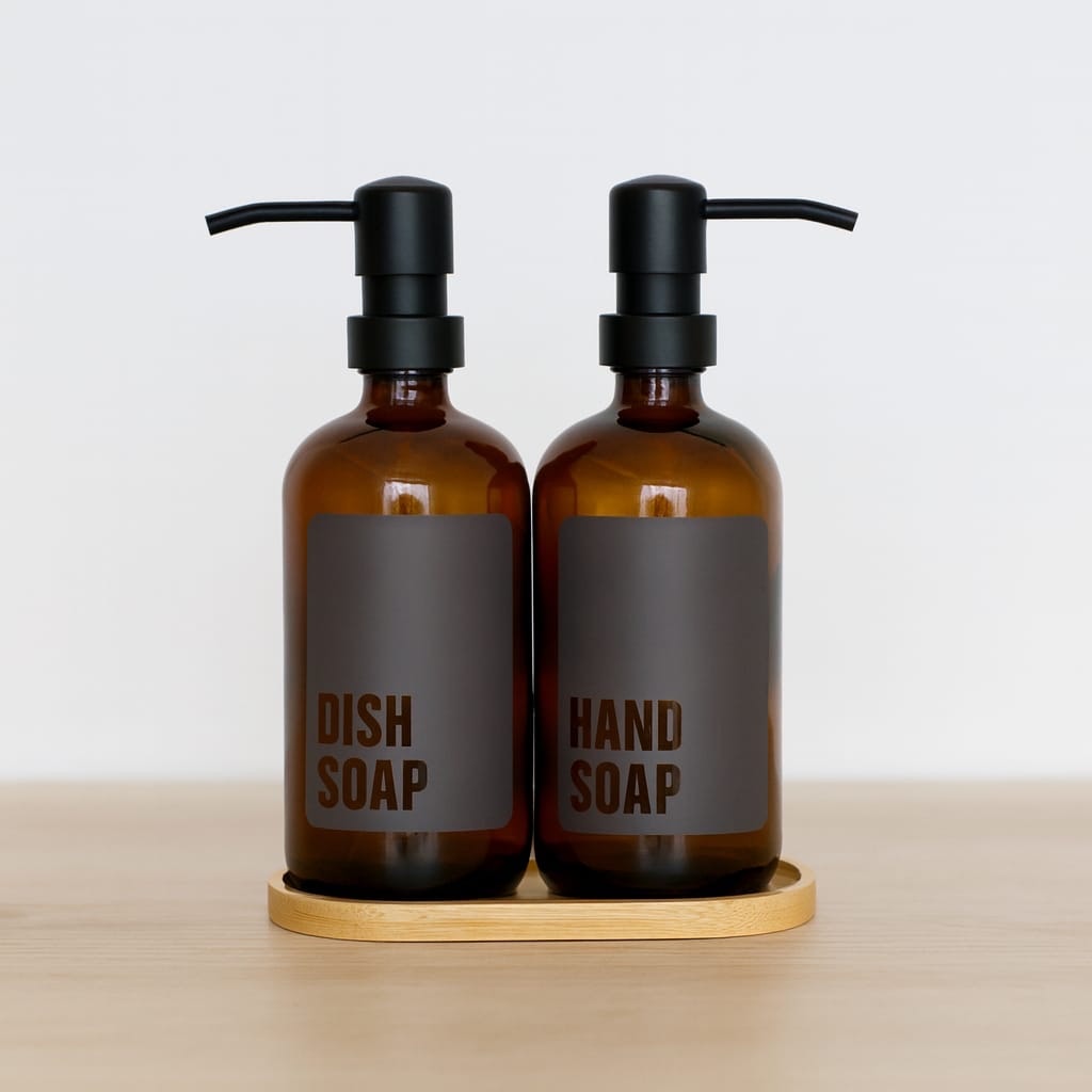 Amber Cam İkili Sıvı Sabunluk Seti Bambu Standlı (Süper Fiyat)