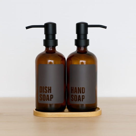 Amber Cam İkili Sıvı Sabunluk Seti Bambu Standlı (Süper Fiyat)