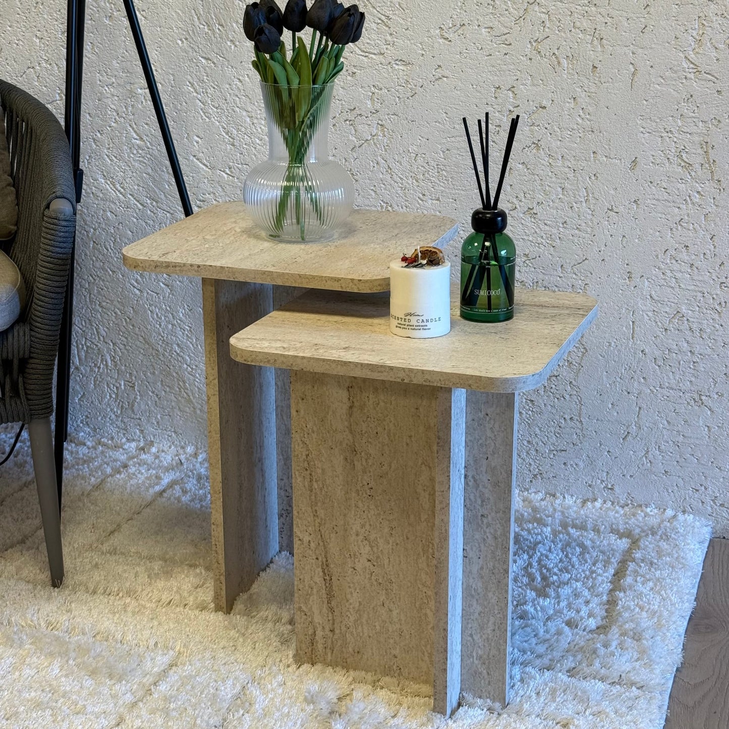 Lary Pinterest Model, Traverten Desen, İki Boy Kare Sehpa (Süper Fiyat)