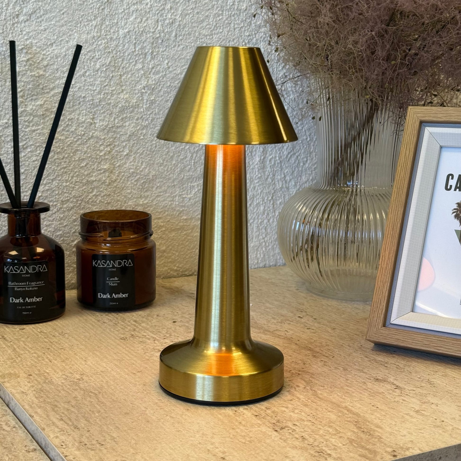 Mira Konik Masaüstü, 3 Fonksiyonlu Led Lamba Şarjlı 23 cm Gold