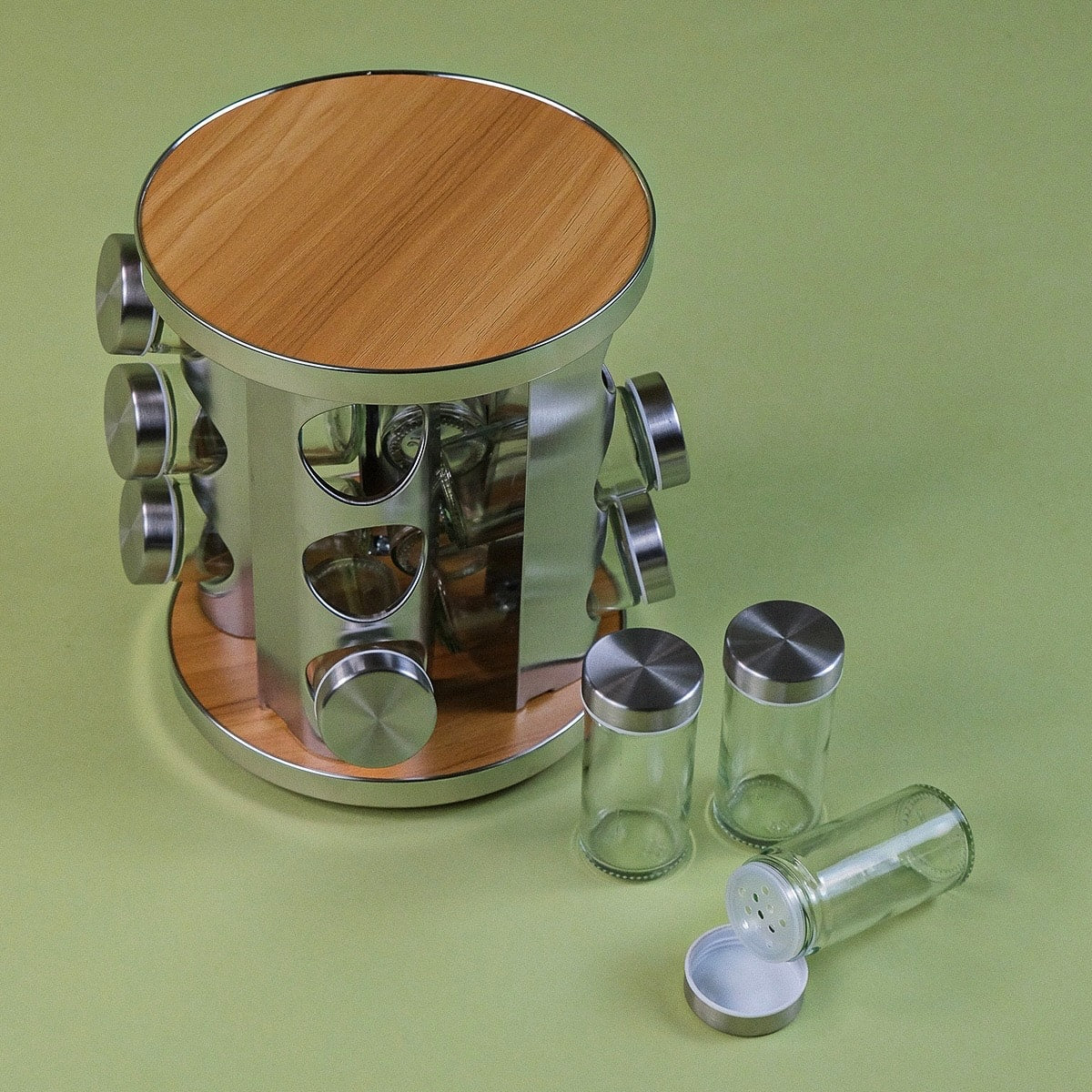 Dönen Standlı Ahşap Detaylı 12 Adet Cam Baharatlık Seti (KOD:4723)