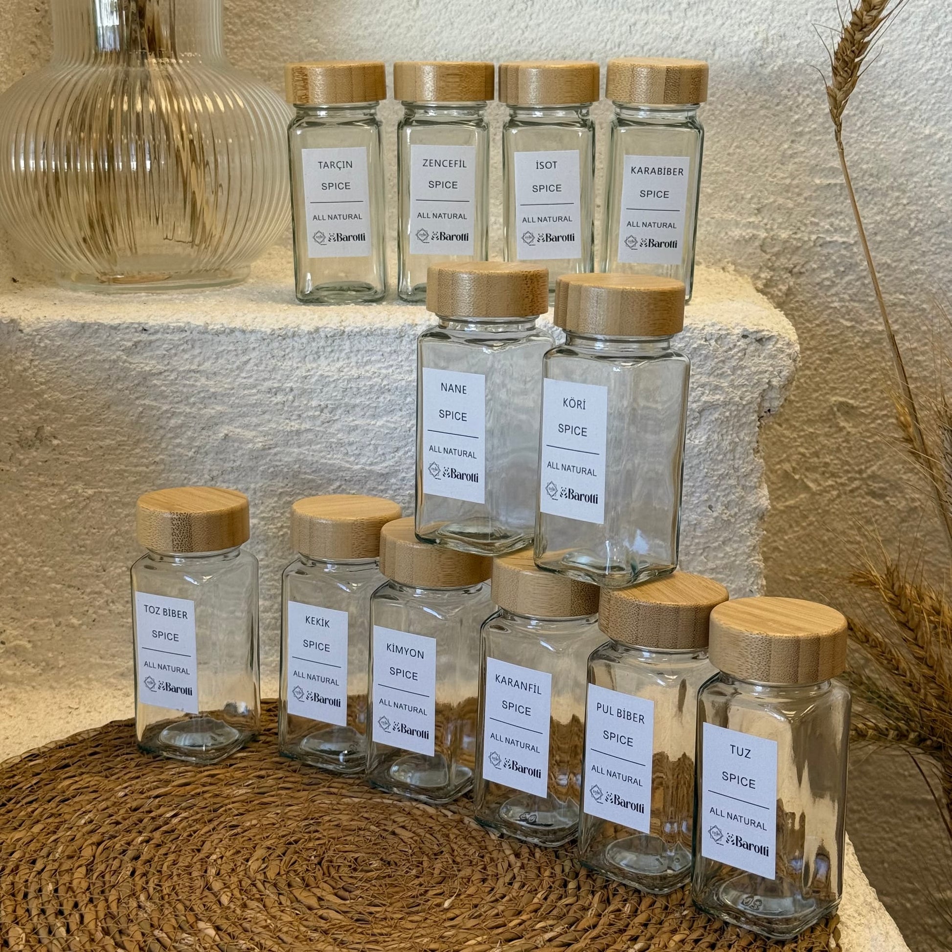 Barotti 12 Adet Bambu Kapaklı Kare Baharatlık Seti Beyaz (SÜPER FİYAT)
