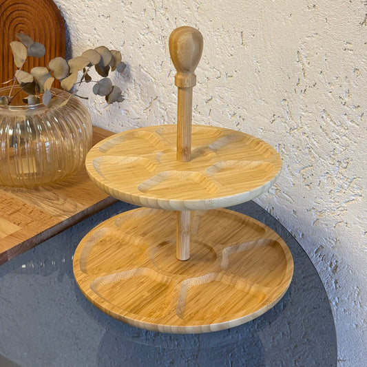 Selena 2 Katlı Yuvarlak Bölmeli Bambu Sunumluk 33 CM