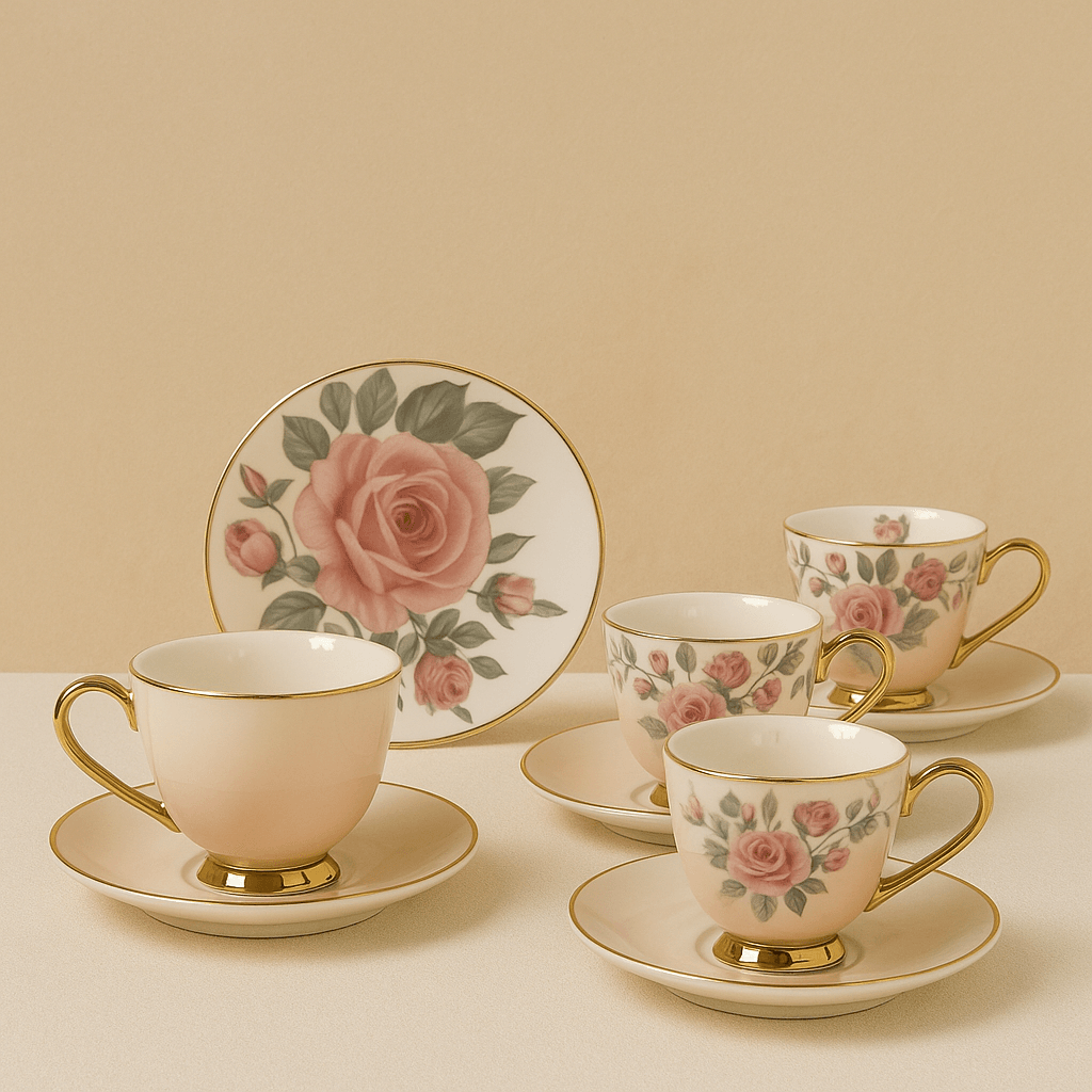 Birdy Çiçekli Porselen Kahve Fincan Takımı 6 Kişilik Pembe