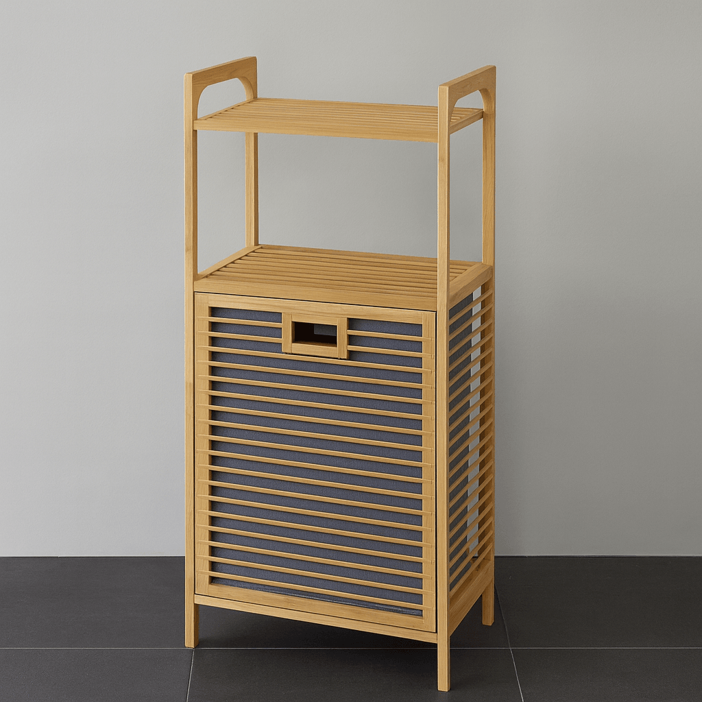 2 Adet Eva  Medusa Bambu Kirli Çamaşır Sepeti 2 Katlı Raf Banyo Dolabı 95x40x30 cm