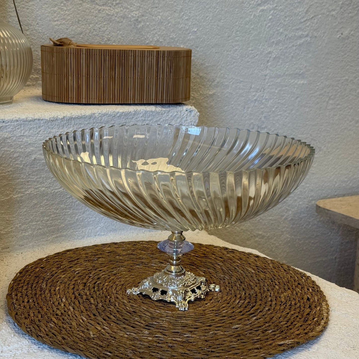 Efegil Lüks Cam Kase Meyvelik Gümüş Ayaklı 29x29x16 cm (2607)