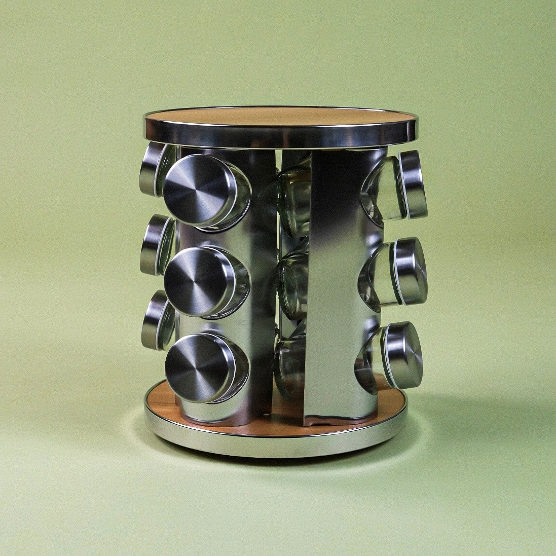 Dönen Standlı Ahşap Detaylı 12 Adet Cam Baharatlık Seti (KOD:4723)