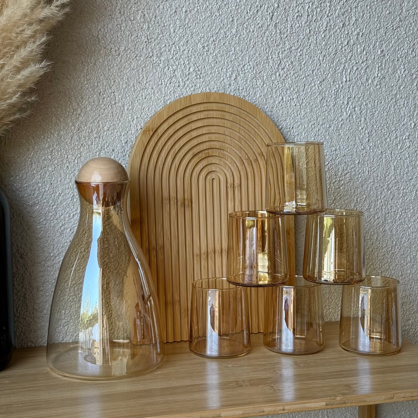 Delisoga Bambu Kapaklı Cam Sürahi Set Gold 7 Parça (SÜPER FİYAT)