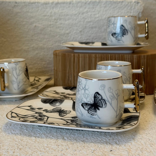 Marvin 12 Parça Porselen Kahve Fincan Takımı 6 Kişilik Siyah Desenli