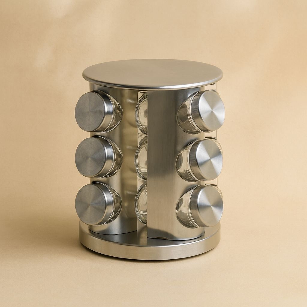 Metal Dönen Standlı Cam Baharatlık Seti Gümüş (KOD:4730)