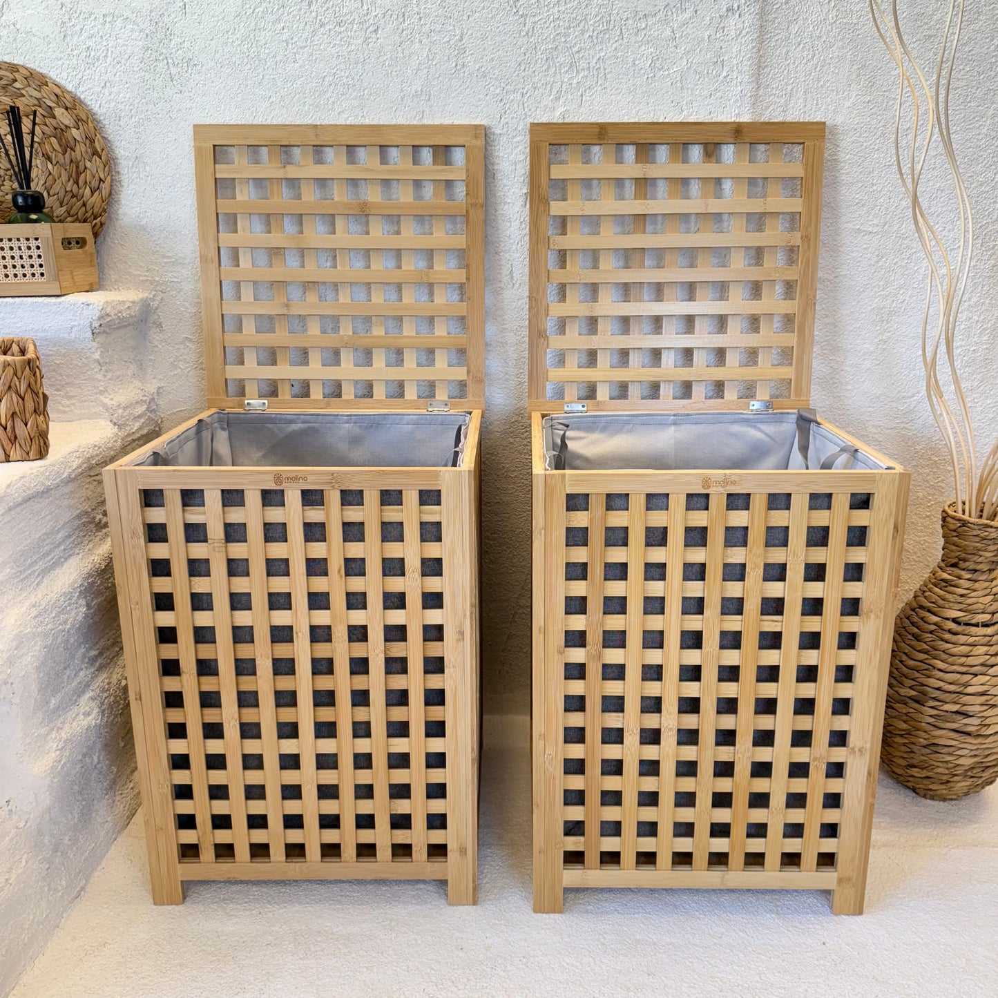 Andy 2 Adet Bambu Çamaşır Sepeti, Dev Boy 62X45X45 CM-Gri (Kısa Süreli 2'Lİ Fırsat, Süper Fiyat)