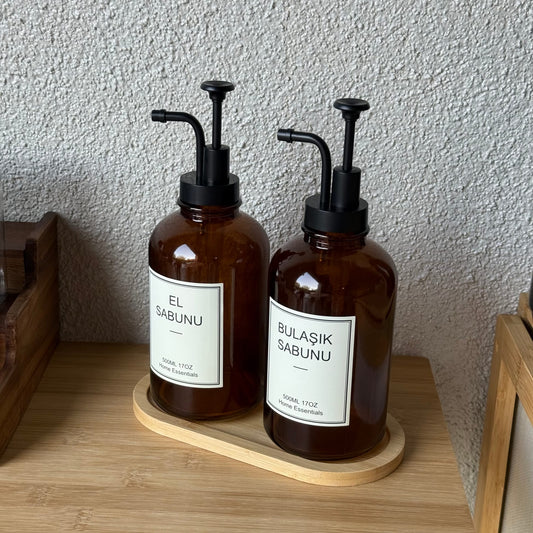 Selena Bambu Standlı İkili Cam Yuvarlak Sıvı Sabunluk Seti Amber 500 ml