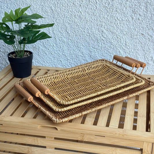 Rattan 3 Boy Ahşap Kulllu Dikdörtgen Tepsi Meyvelik Seti Naturel