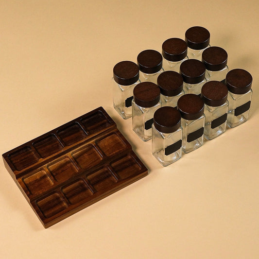 Spice Ahşap Standlı 12 li Cam Baharatlık Seti 120 ml