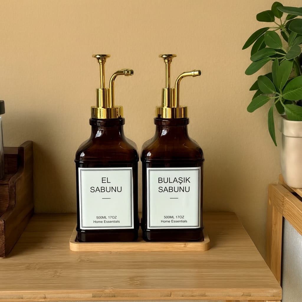 Lucia Bambu Standlı İkili Cam Kare Sıvı Sabunluk Seti Amber 500 ml