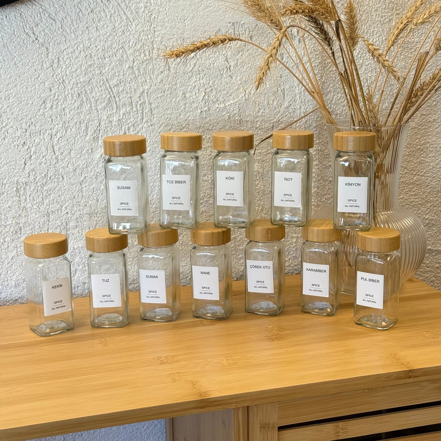 Mien 12 Adet Kare Bambu Kapaklı Cam Baharatlık Seti 120 ml (KOD-008)