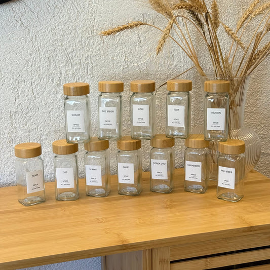Mien 12 Adet Kare Bambu Kapaklı Cam Baharatlık Seti 120 ml (KOD-008)