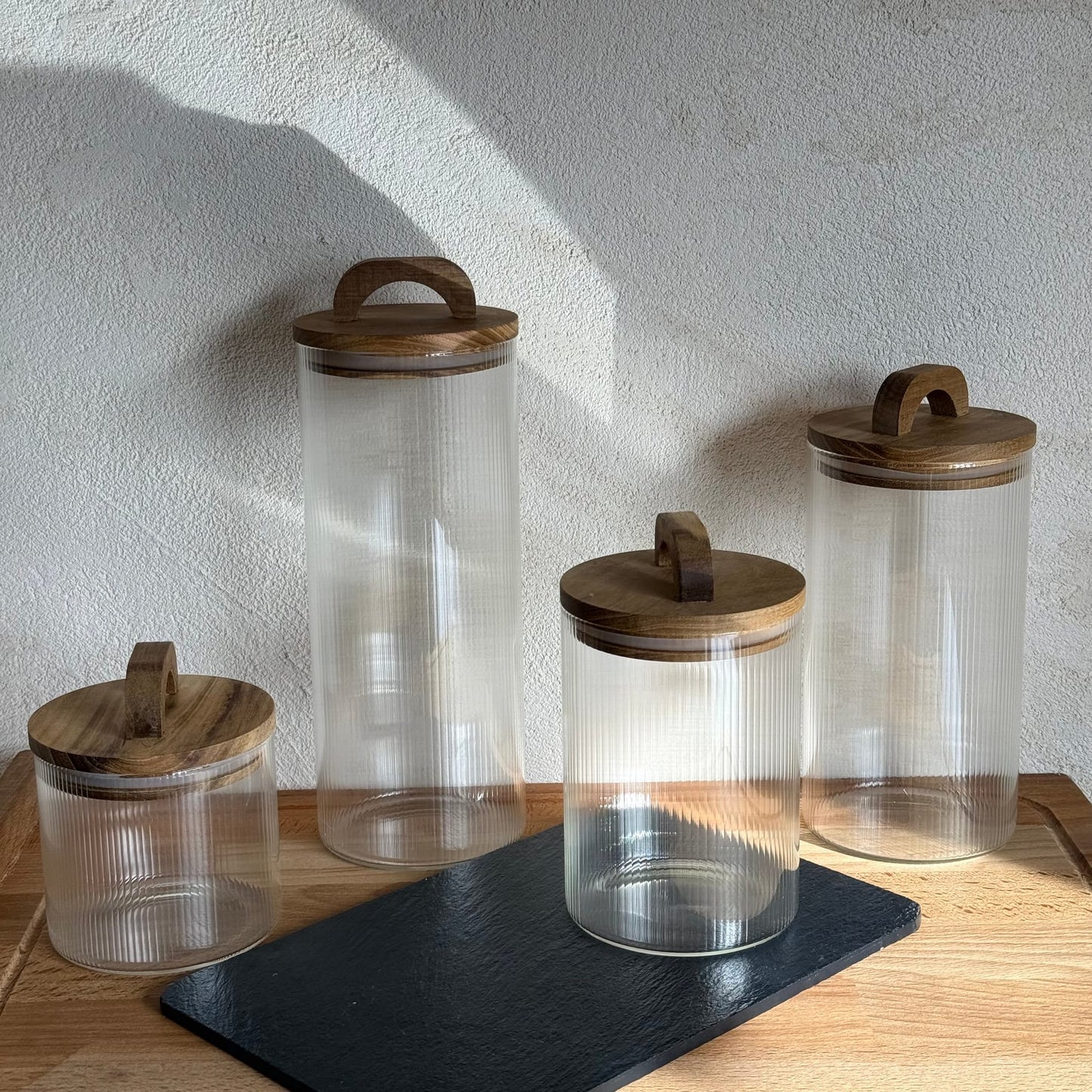 Regina 4 Lü Çizgili Silidir Kavanoz Model 2 Seti Akasya Ağacı Kapaklı