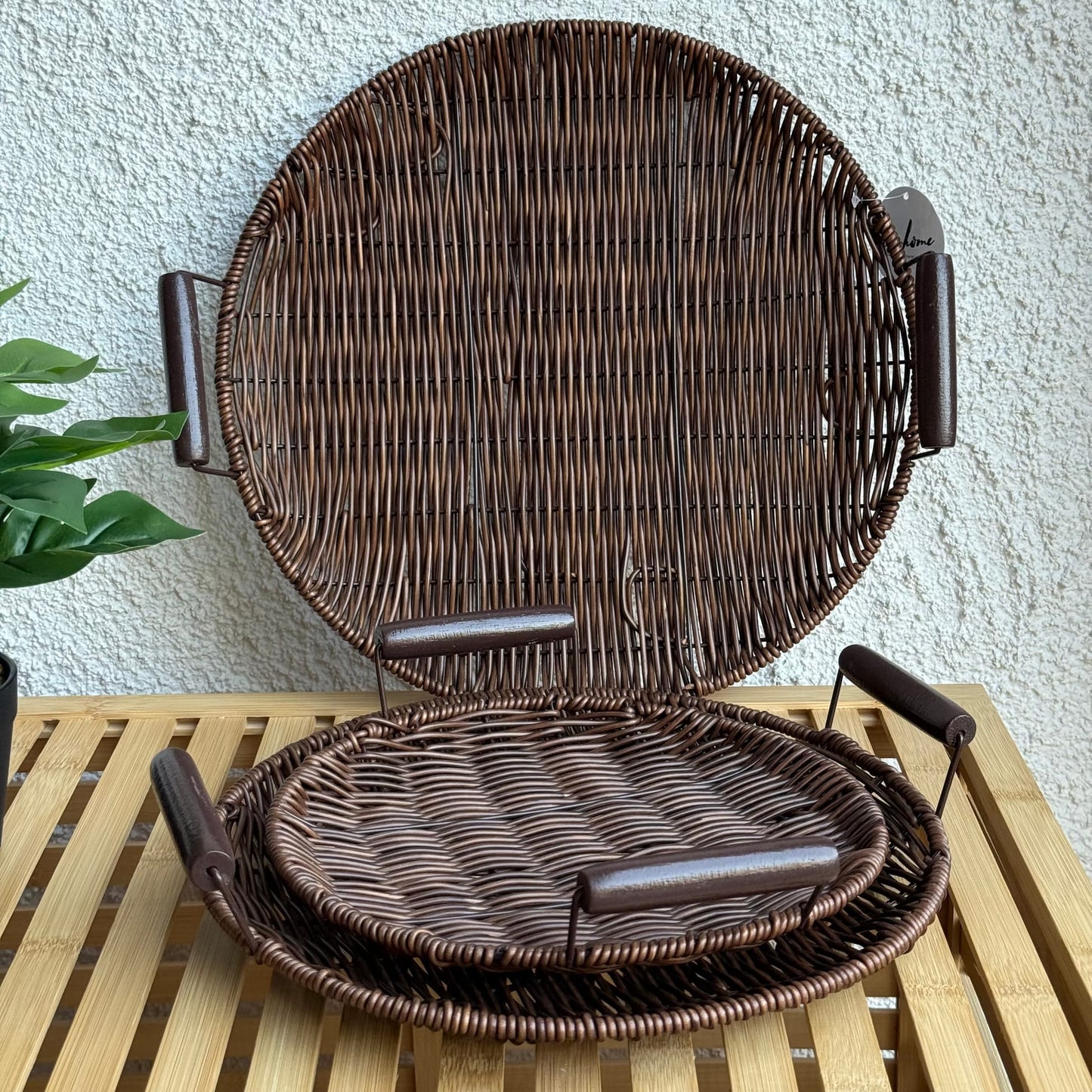Rios Rattan Kulplu 3 Boy Yuvarlak Tepsi Seti Kahve Rengi