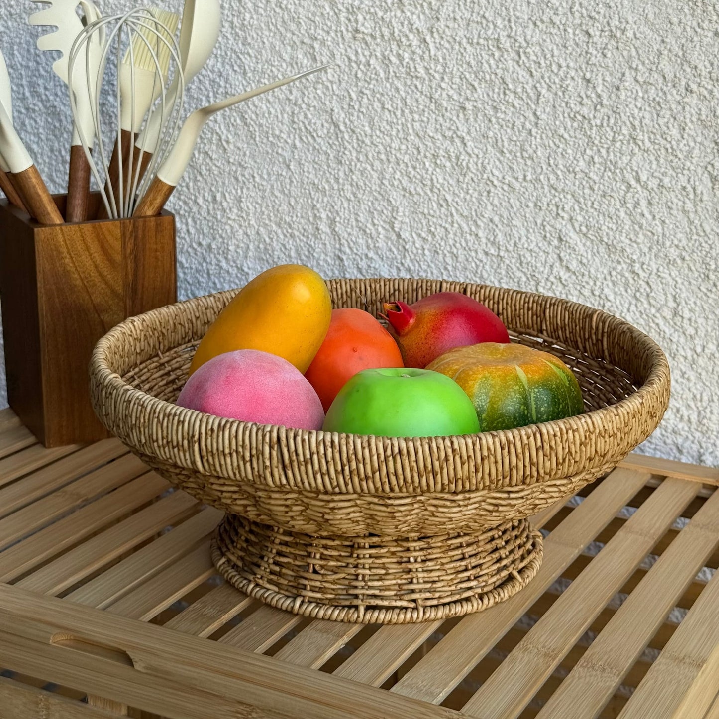 Lara Rattan Ayaklı Yuvarlak Büyük Boy Meyvelik 31 CM Naturel