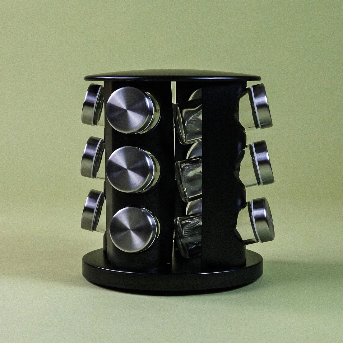 Metal Mat Dönen Standlı Cam Baharatlık Seti Siyah (KOD:4730)