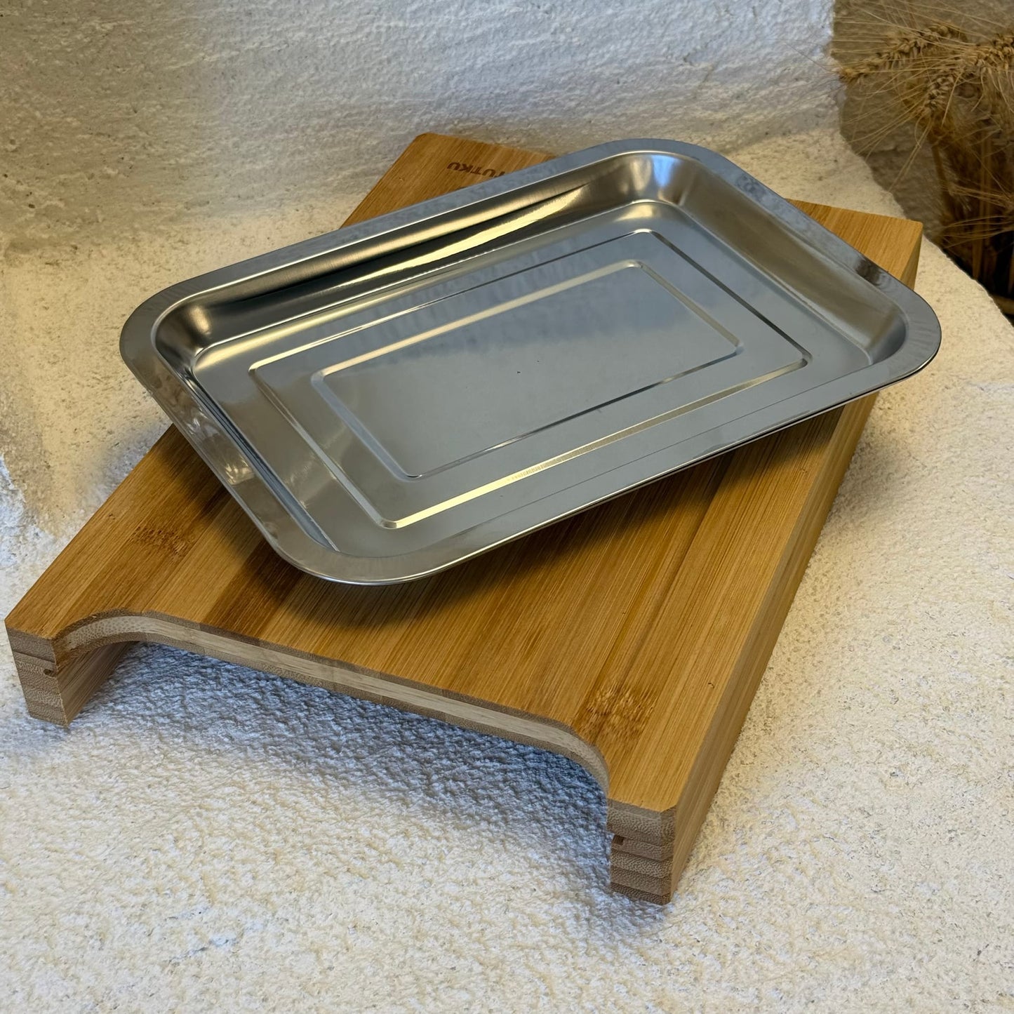 Bambu Kesim Tahtası Çelik Tepsi Hazneli 33x21 cm Premium Ürün